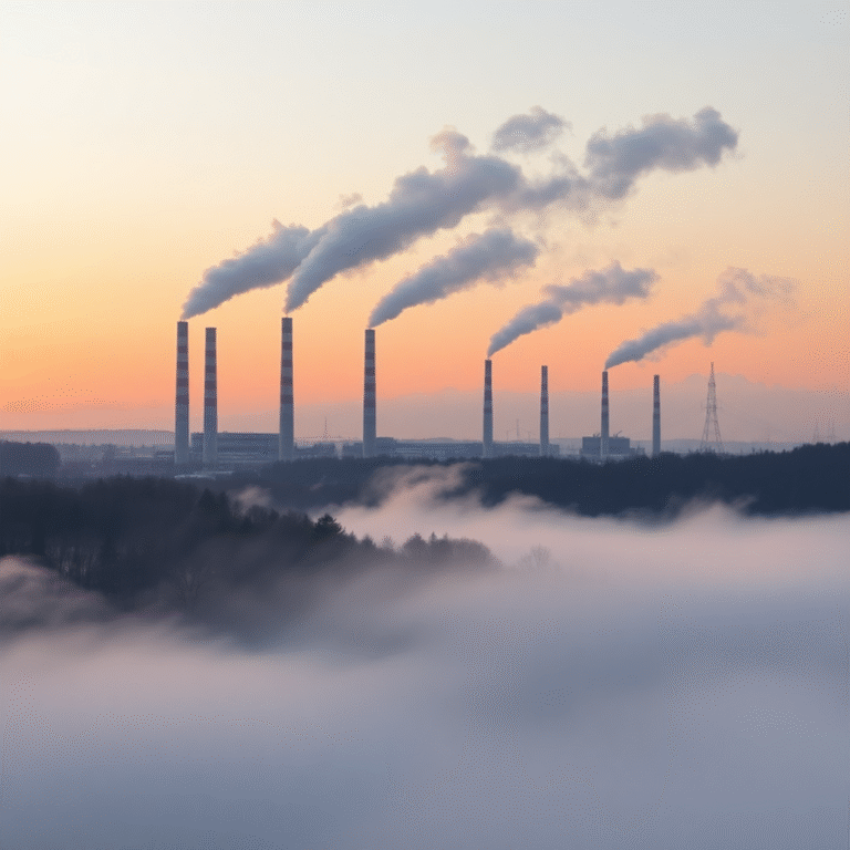 Factory chimneys emitting smoke at sunset, with fog and forest in the foreground.