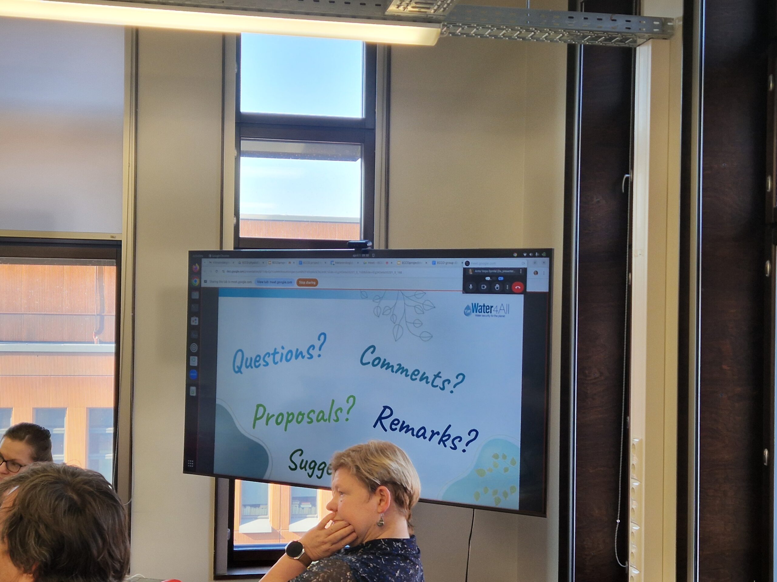 Seminari esitlus TÜ kliimauuringute keskuses, ekraanil projekt Water4All ja kutse küsimuste esitamiseks.